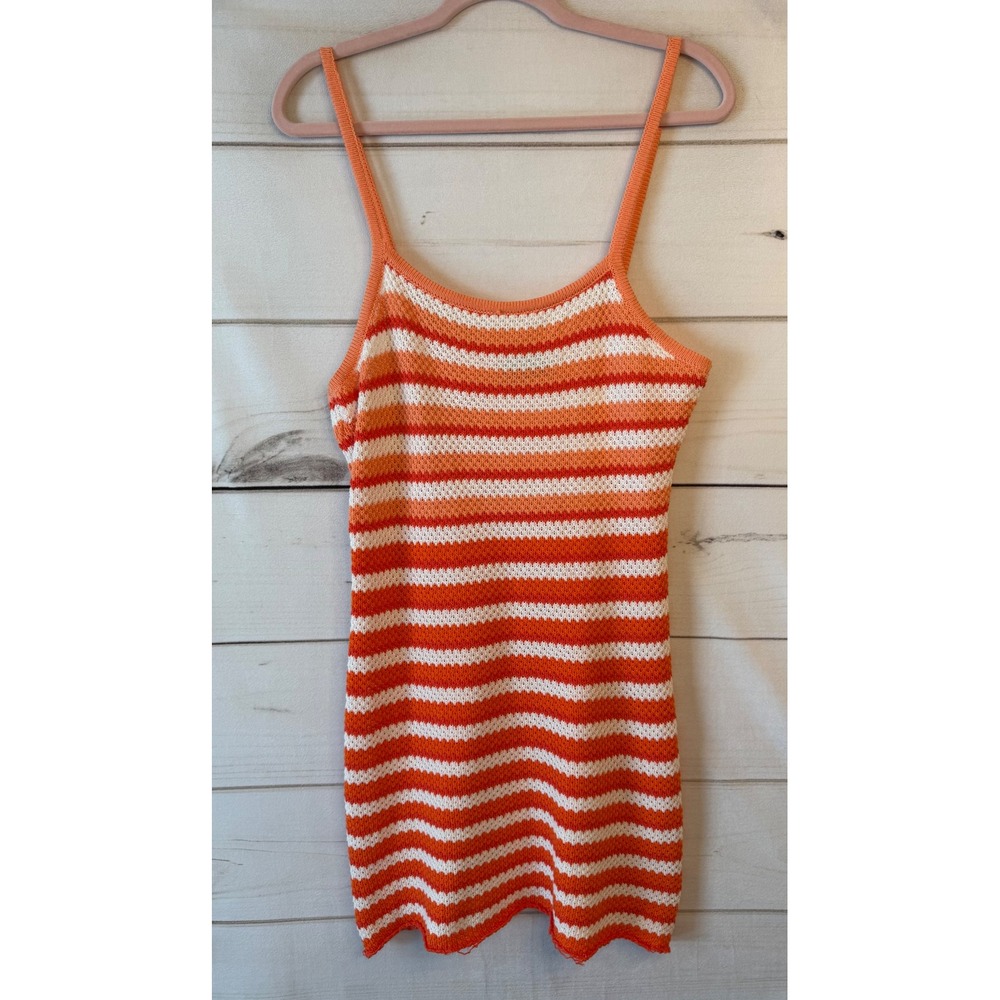 VICI Orange White Striped Cotton Knit Mini Dress Crochet Spaghetti Strap Large